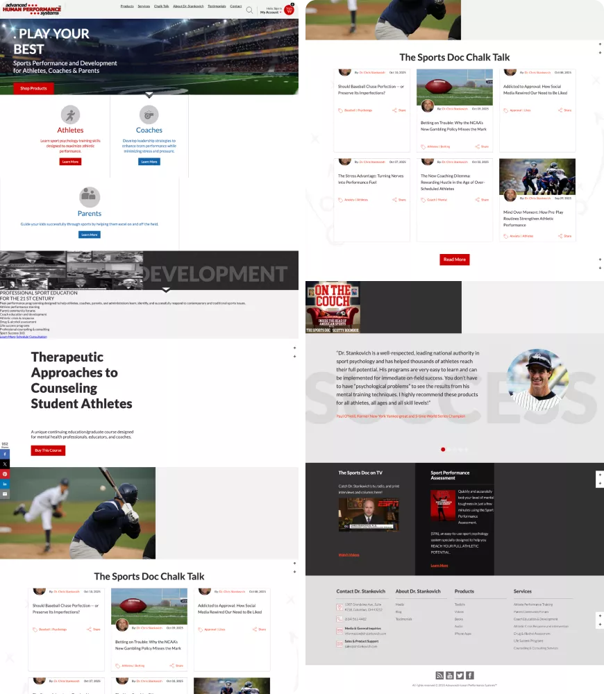 Old Advance Human Performance Systems website layout showing outdated navigation, sports psychology blog sections, course listings, athlete coaching resources, and multiple content blocks needing modernization.