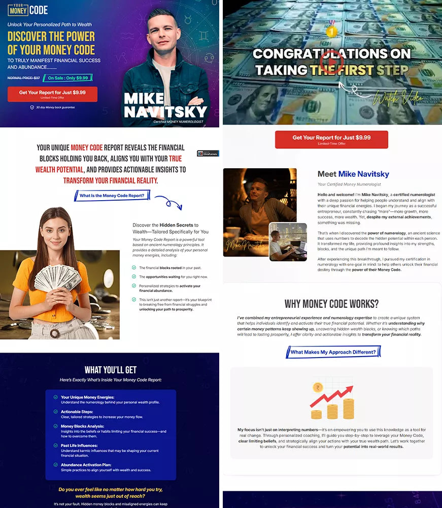 Screenshot of the previous Money Code funnel layout showing outdated design sections, promotional banners, testimonial visuals, and content blocks referenced in the Bastion LLC success story challenge.