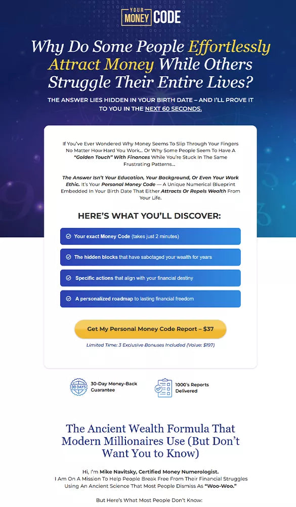 New Your Money Code funnel hero section showcasing headline, discovery points, and $37 offer upgrade designed by CF Funnels for Bastion LLC.
