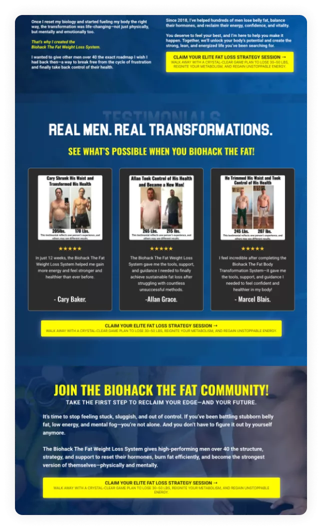Biohack The Fat redesigned funnel showcasing founder Trevor Folgering, real client body transformation testimonials, and call-to-action to join the Biohack The Fat weight-loss community.
