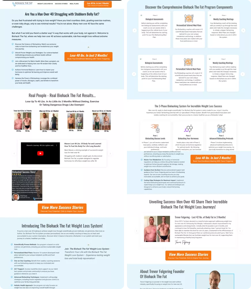 Old Biohack The Fat funnel showing program details, weight-loss components, client success stories, and the original multi-section layout before redesign.
