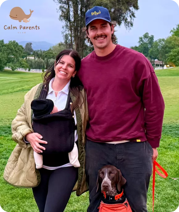 Family founders of Calm Parents Club smiling outdoors with their newborn and dog, representing a supportive parenting community and family-focused brand identity