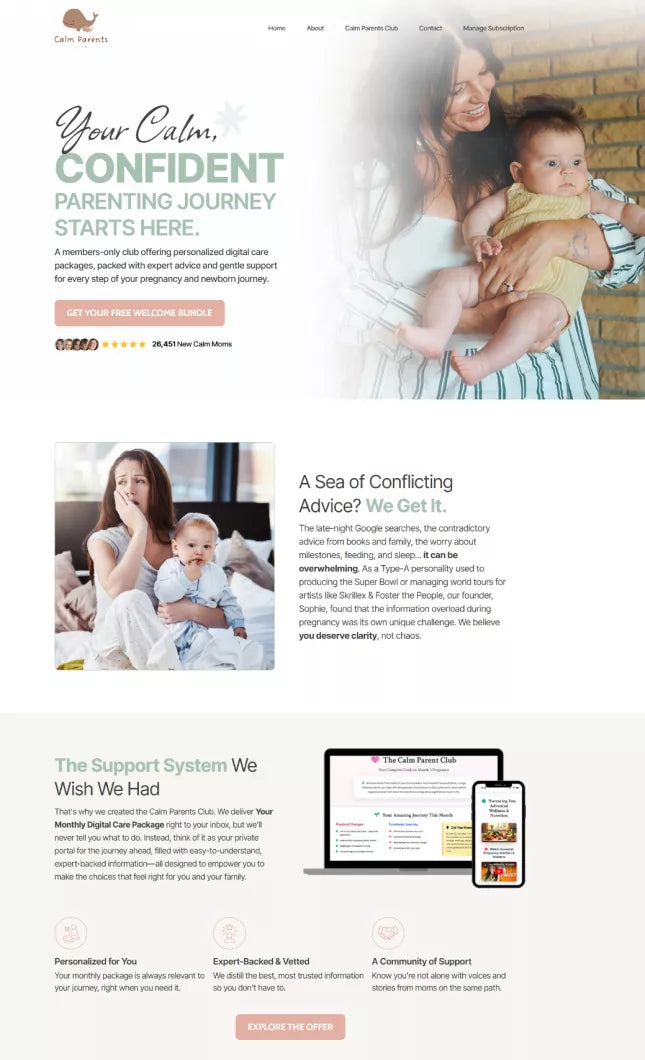 Calm Parents Club redesigned website showing personalized parenting guidance, expert-backed digital care packages, and member dashboard for pregnancy and newborn support.