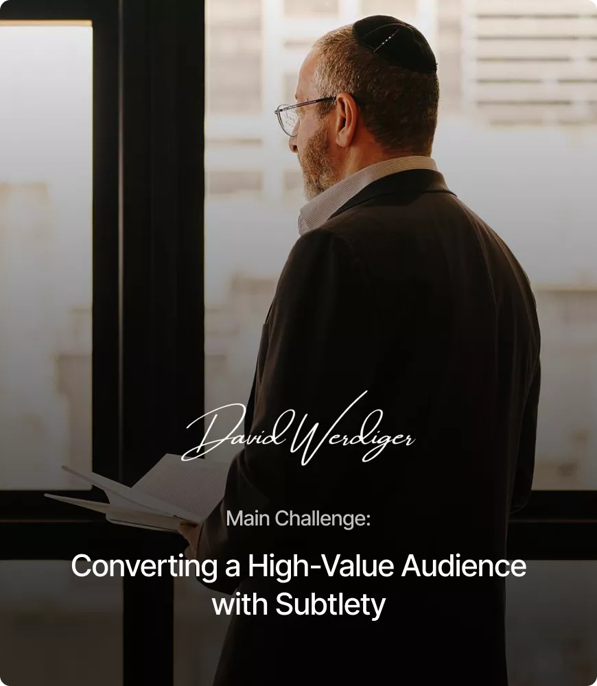 David Werdiger looking out a window while holding an open book, featured in the success story challenge section highlighting the goal of converting a high-value audience with a subtle, authority-driven digital approach.
