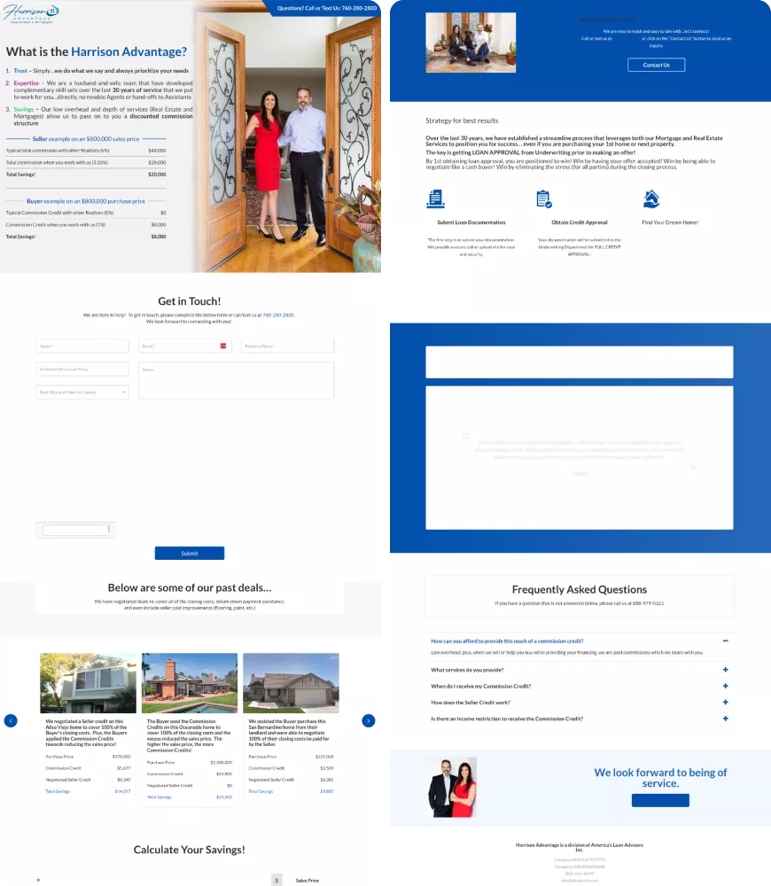 Old Harrison Advantage real estate and mortgage website layout showcasing savings tables, commission credit examples, past client deals, and a basic contact form before redesign by CF Funnels.