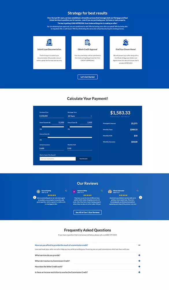 Updated Harrison Advantage website section highlighting the streamlined loan-approval strategy, interactive monthly-payment calculator, verified client reviews, and a comprehensive real estate FAQ section.