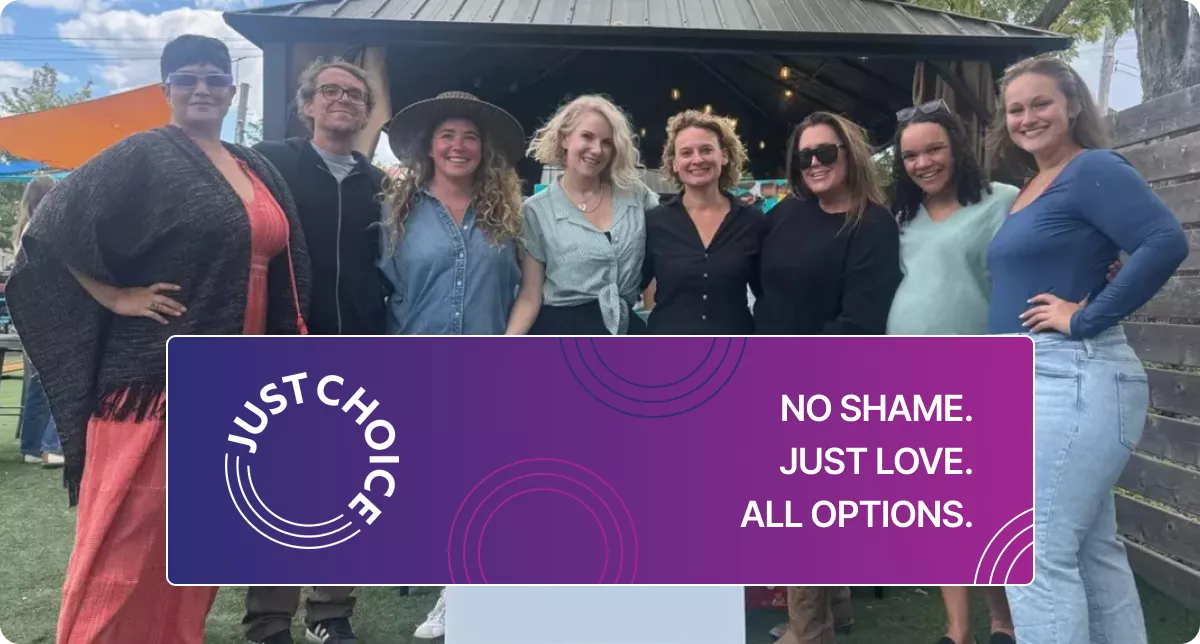 Just Choice success story banner featuring their team for community support and abortion awareness carried out by CF Funnels.