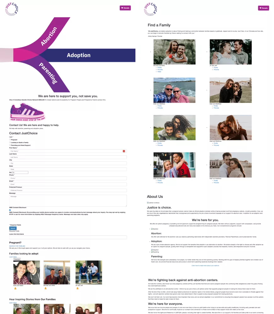 Old Just Choice website design showing adoption, parenting, and abortion resources with family listings and outdated contact form layout.