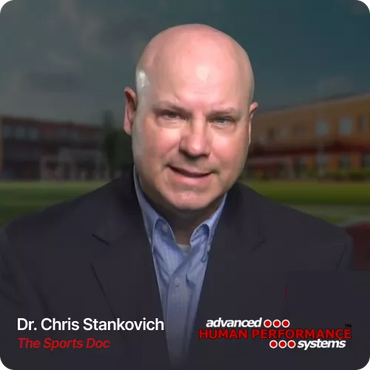 Success story banner for Advance Human Performance Systems featuring Dr. Chris Stankovich, highlighting WordPress and WooCommerce website upgrade by CF Funnels Templates.