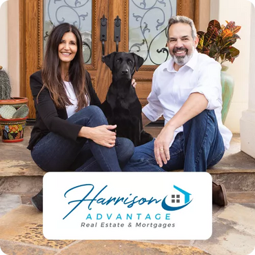 Success story banner for Harrison Advantage featuring the real estate duo with their dog, representing their website and chatbot integration project by CF Funnels.