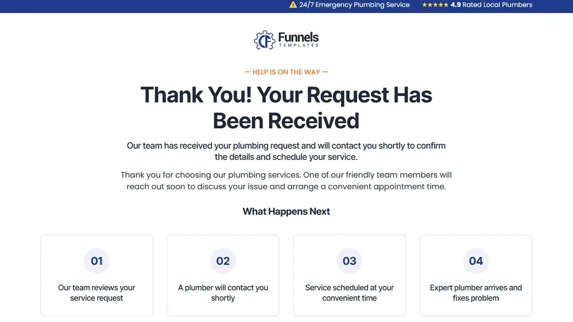 Plumbing Service Funnel for Local Service Businesses - Thank You