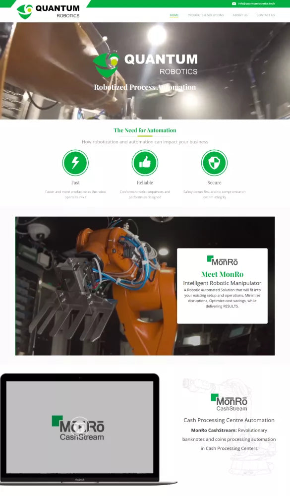 Redesigned Quantum Robotics website showcasing modern robotic automation solutions, featuring updated branding, robotized process automation visuals, product highlights, and improved user experience by CF Funnels.