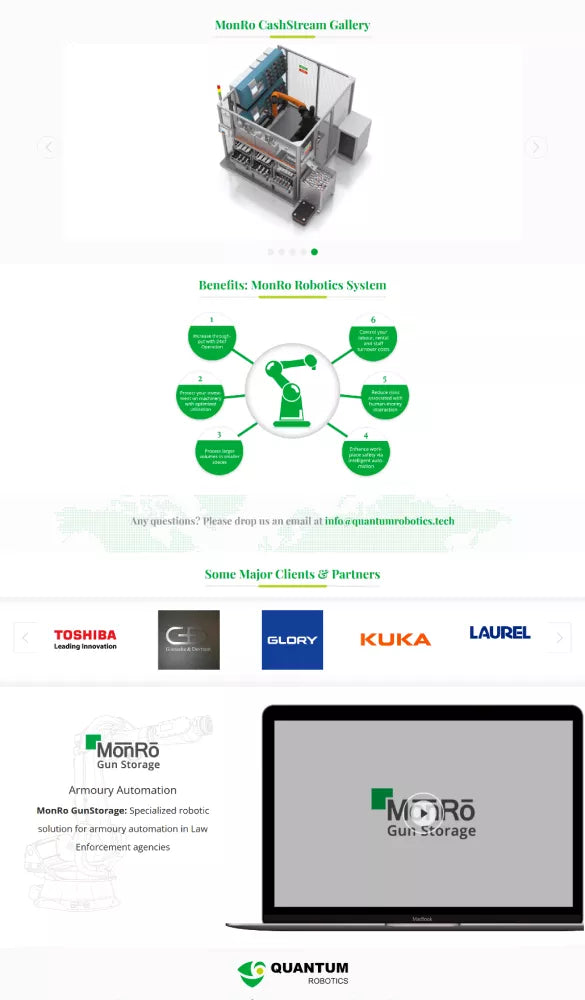 Redesigned Quantum Robotics webpage showcasing MonRo CashStream gallery, robotic system benefits diagram, major client logos, and product visuals for automated cash processing and armory automation.