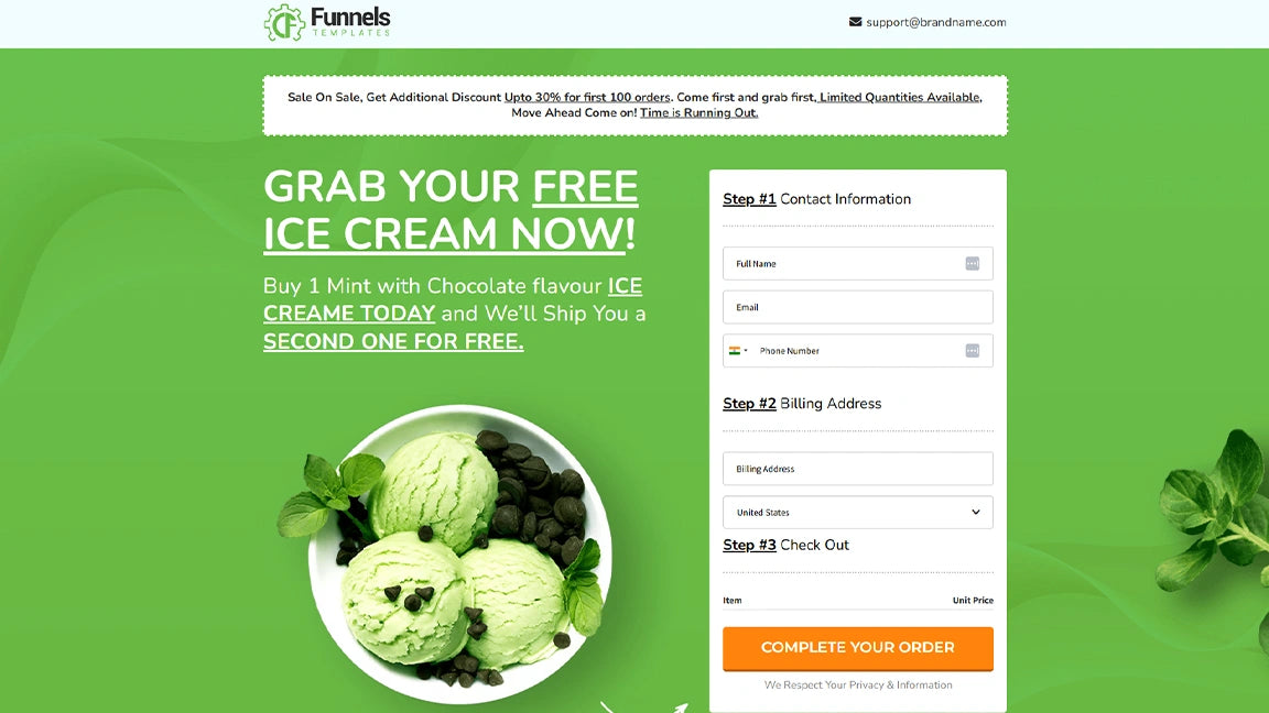 Sales Funnel for Ice Cream - Order Page