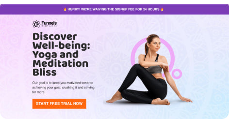 Yoga and meditation landing page featuring a woman in a seated pose with headline ‘Discover Well-being: Yoga and Meditation Bliss’ and a call-to-action for a free trial.