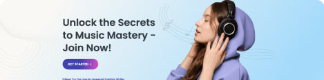 Music mastery course banner featuring a young woman in headphones enjoying music.
