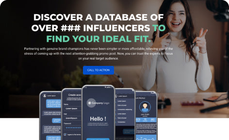 Influencer marketing funnel template preview showcasing a headline about discovering influencers, a call-to-action button, and mobile-style content blocks for outreach and campaign management.