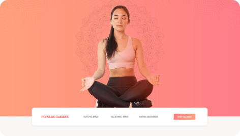 Yoga class funnel template featuring a woman meditating against a gradient background with class category buttons.