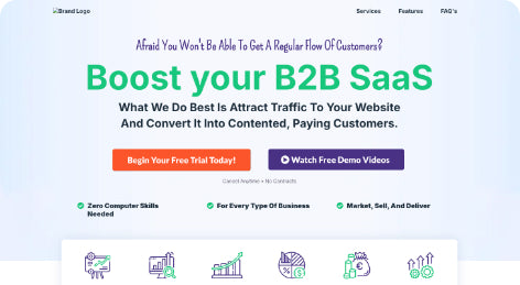 B2B SaaS landing page hero section showcasing a service that attracts website traffic and converts visitors into paying customers.