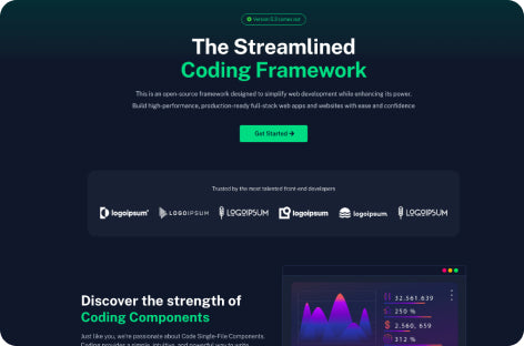 Landing page for a streamlined coding framework promoting a simplified, high-performance web development workflow with trusted developer badges.