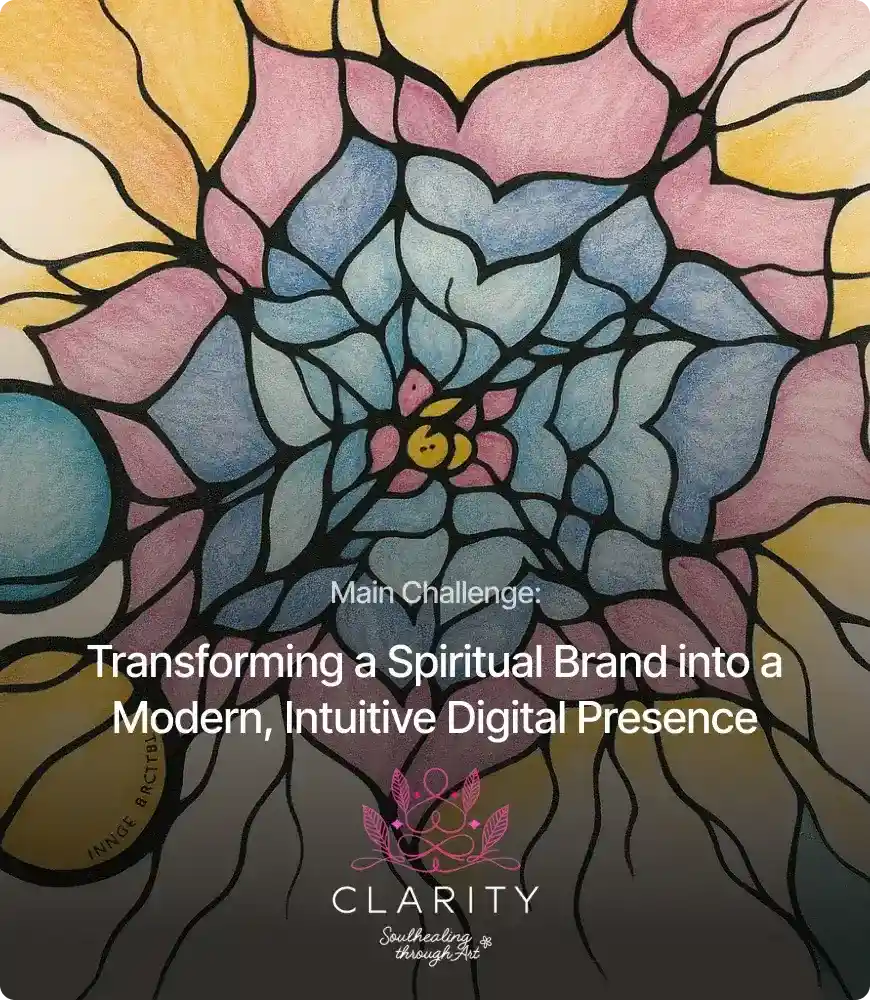 Soul Healing challenge section artwork showcasing a colorful neuro-graphic illustration with the text “Transforming a Spiritual Brand into a Modern, Intuitive Digital Presence” for the Clarity success story.