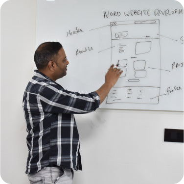 Team member explaining funnel structure and strategy on a whiteboard during an internal workshop.