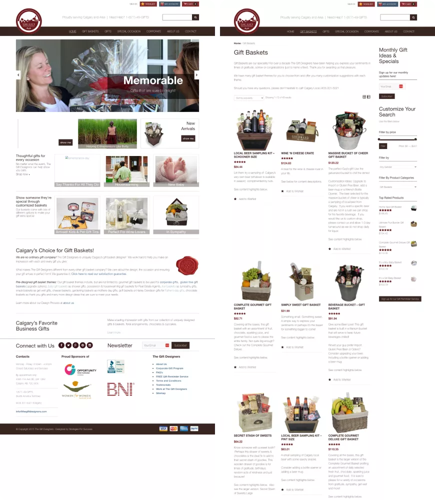 Old eCommerce website screenshots of The Gift Designers showing outdated gift basket catalog, product listings, and homepage layout before the redesign