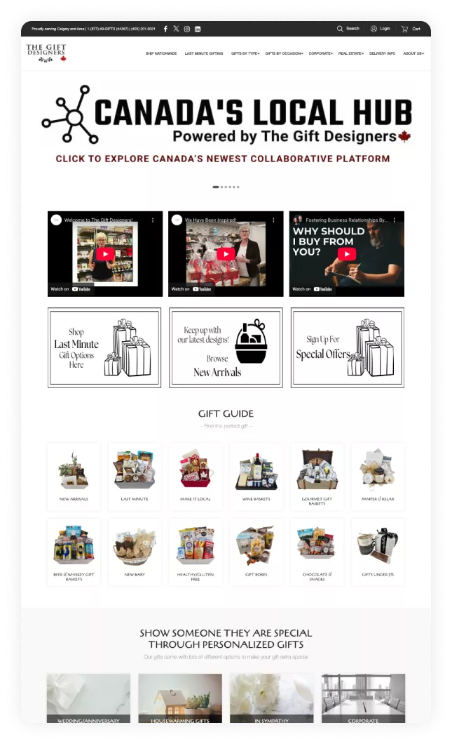 newly redesigned gift designers homepage showcasing canada’s local hub banner, video introductions, gift category guide, and modernized navigation layout built by cf funnels