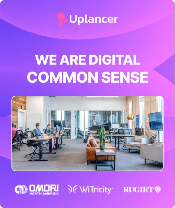 Uplancer digital agency about section featuring modern office workspace, team environment, and partnered brand logos, highlighting their focus on practical digital solutions.