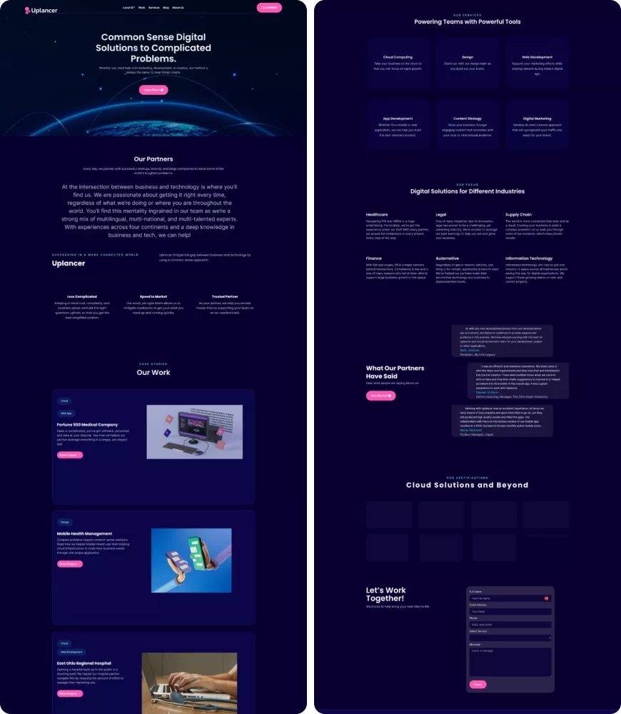 Old Uplancer website design showcasing outdated layout, unclear navigation, and non-optimized content structure prior to CF Funnels redesign.